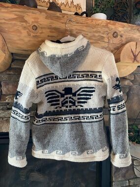 Wool Chunky Nordic Vintage Hooded Zip Sweater Jacket - Black and Cream Heavy S